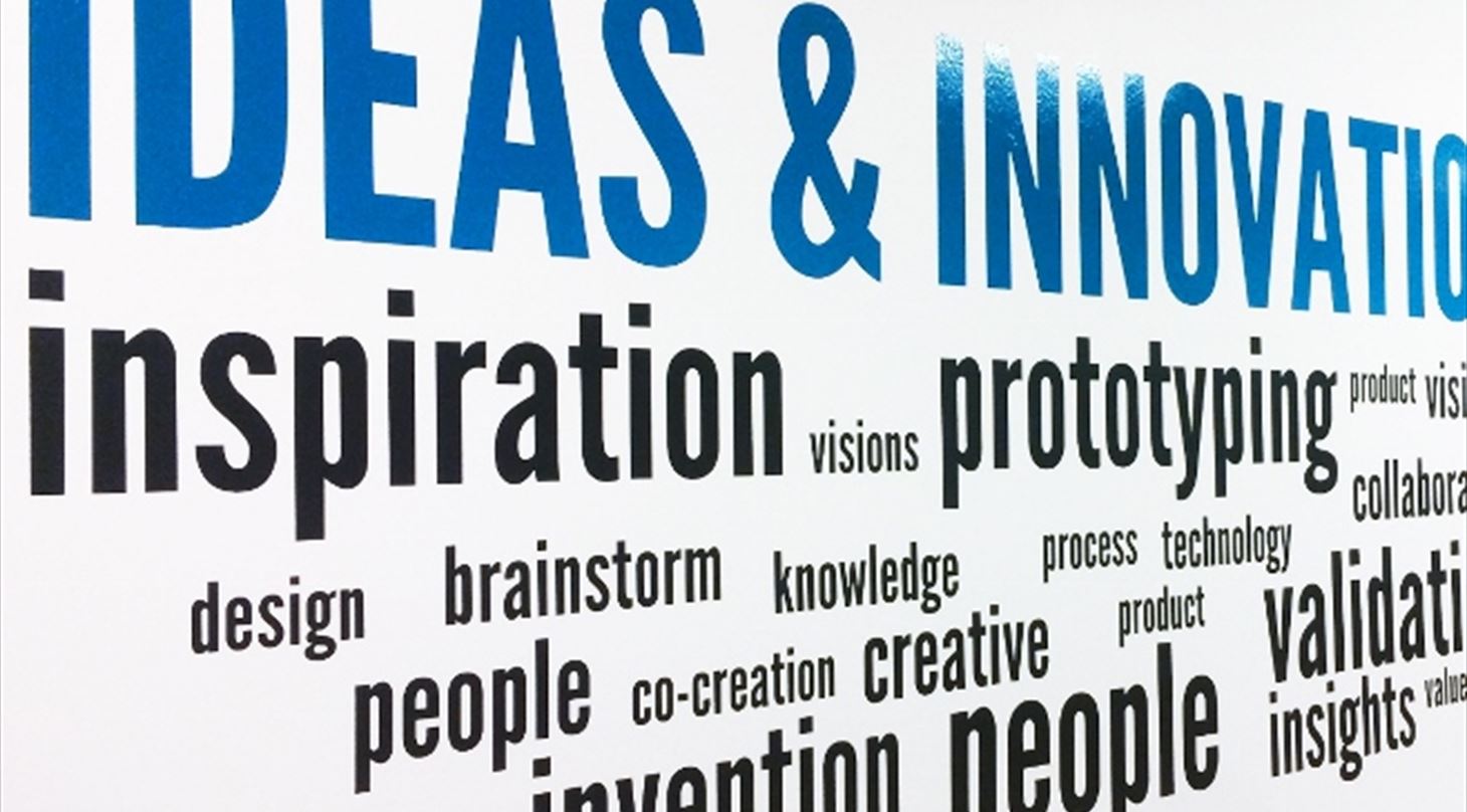 Et billede af en væg med en masse forskellige ord på, der relaterer sig til innovation.